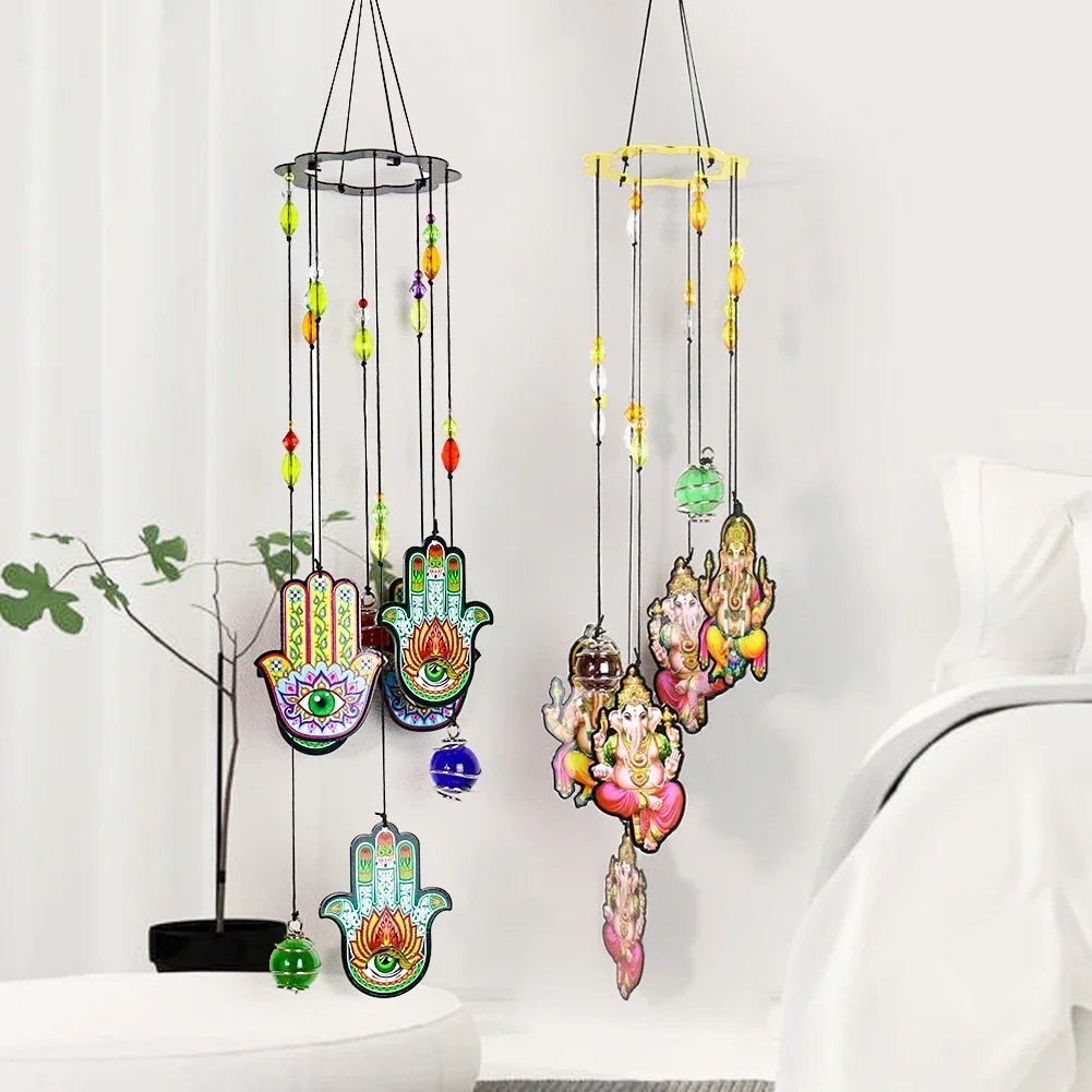 

1PC Metal Fatima Hands Wind Chime Ornament Elephant God Color Glaze Printing Pendant Amulet Lucky Gifts Feng Shui DIY Home Decor