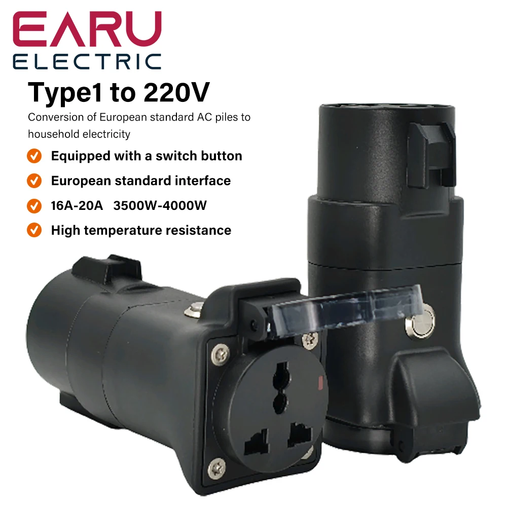 

With Switch New Portable 220V Type 1 Male Plug to Universal Socket EV Charging Adapter For EV Charger EV Connector