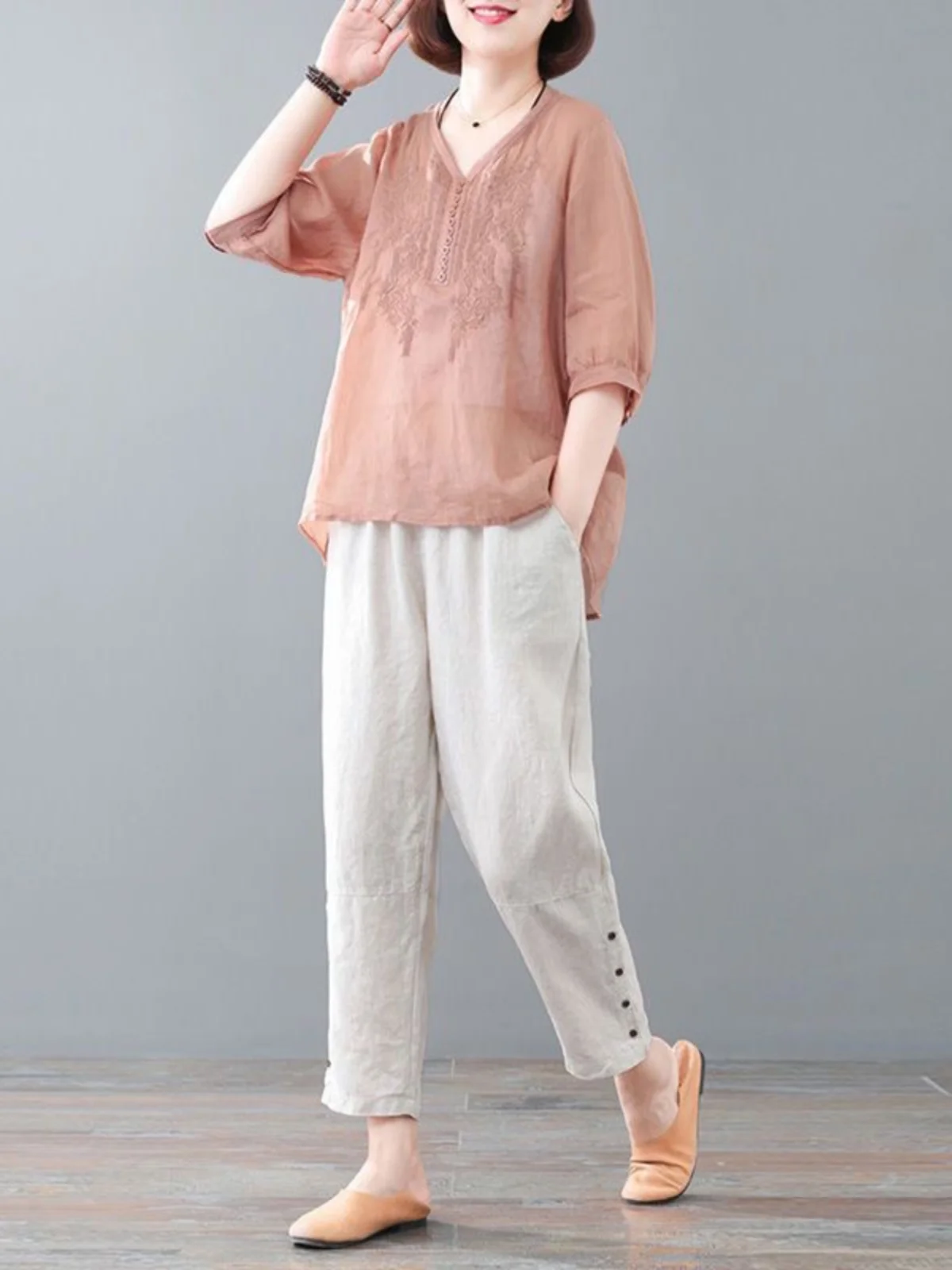 

Sli Mommy комплект из двух предметов, женские новые свободные брюки Harlan с вышивкой и v-образным вырезом, летняя одежда, повседневная смесь хлопка