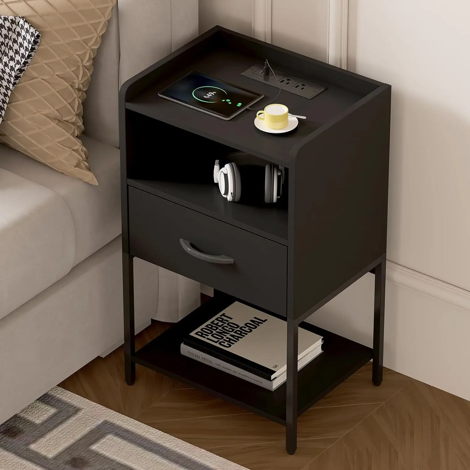 Nightstand with Charging Station, Bed Side Table with Fabric Drawer, Night Stand for Bedroom,4-Tier Storage End Table,