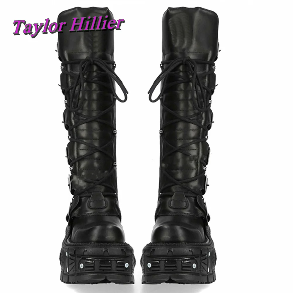 8CM Belt Punk Rivets Boots Knee-High Lace Up Round Toe Thick Sole Motorcycle Height Increasing 2025 Autumn Winter Long Shoes