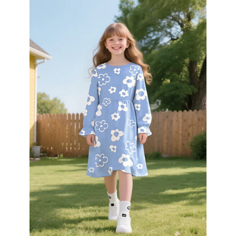 

2025 Girls Fashion Casual Long Sleeve Printed Dress