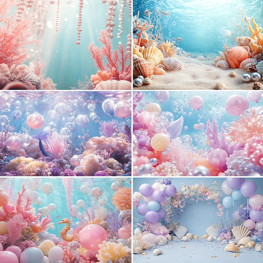 

Mermaid Theme Photography Backdrop Balloon Underwater World Shell Princess Girls Newborn Birthday Baby Shower Background