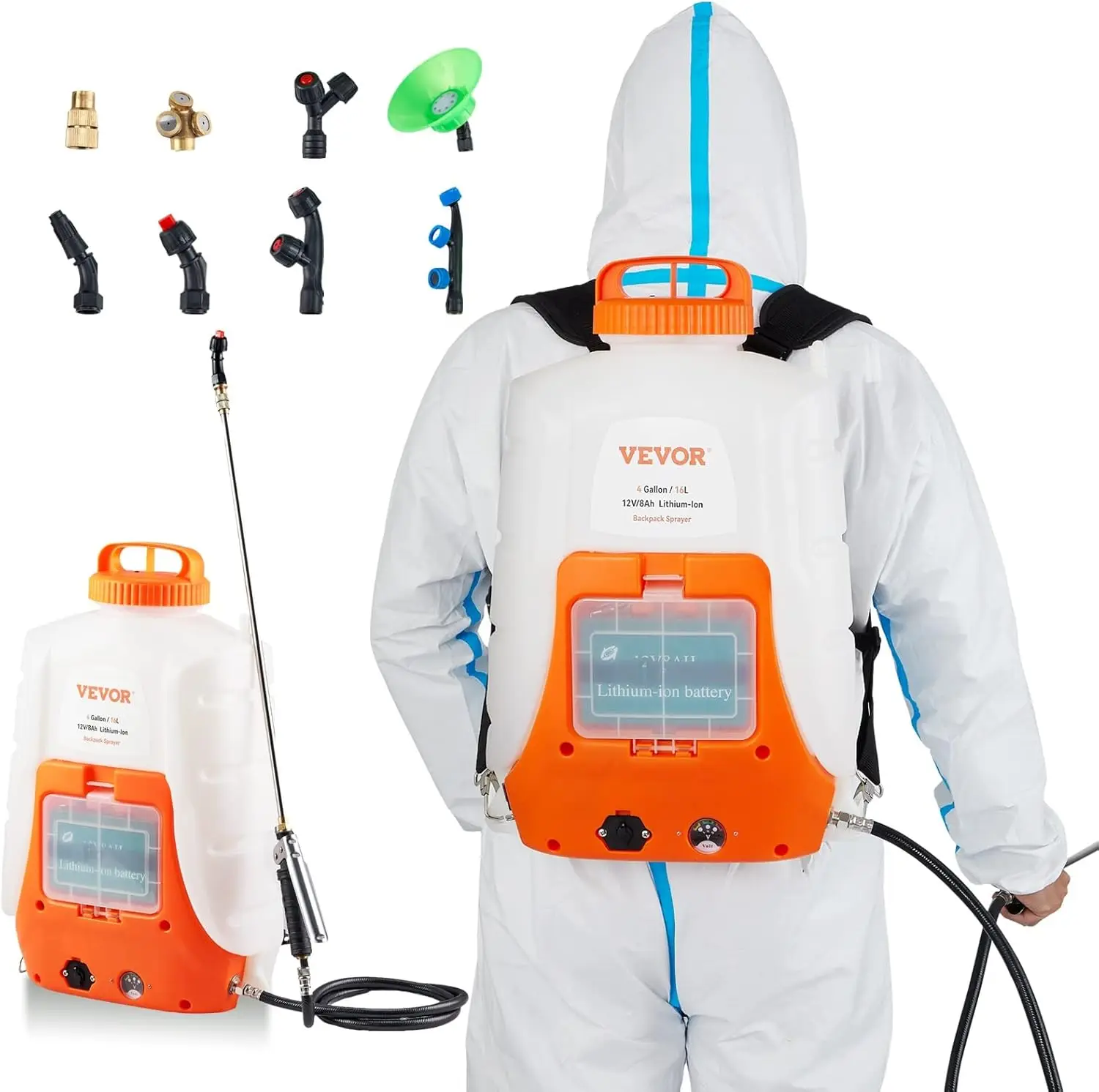 

Battery Powered Backpack Sprayer, 0-90 PSI Adjustable Pressure, 4 Gallon Tank, Back Pack Sprayer with 8 Nozzles and 2 Wand