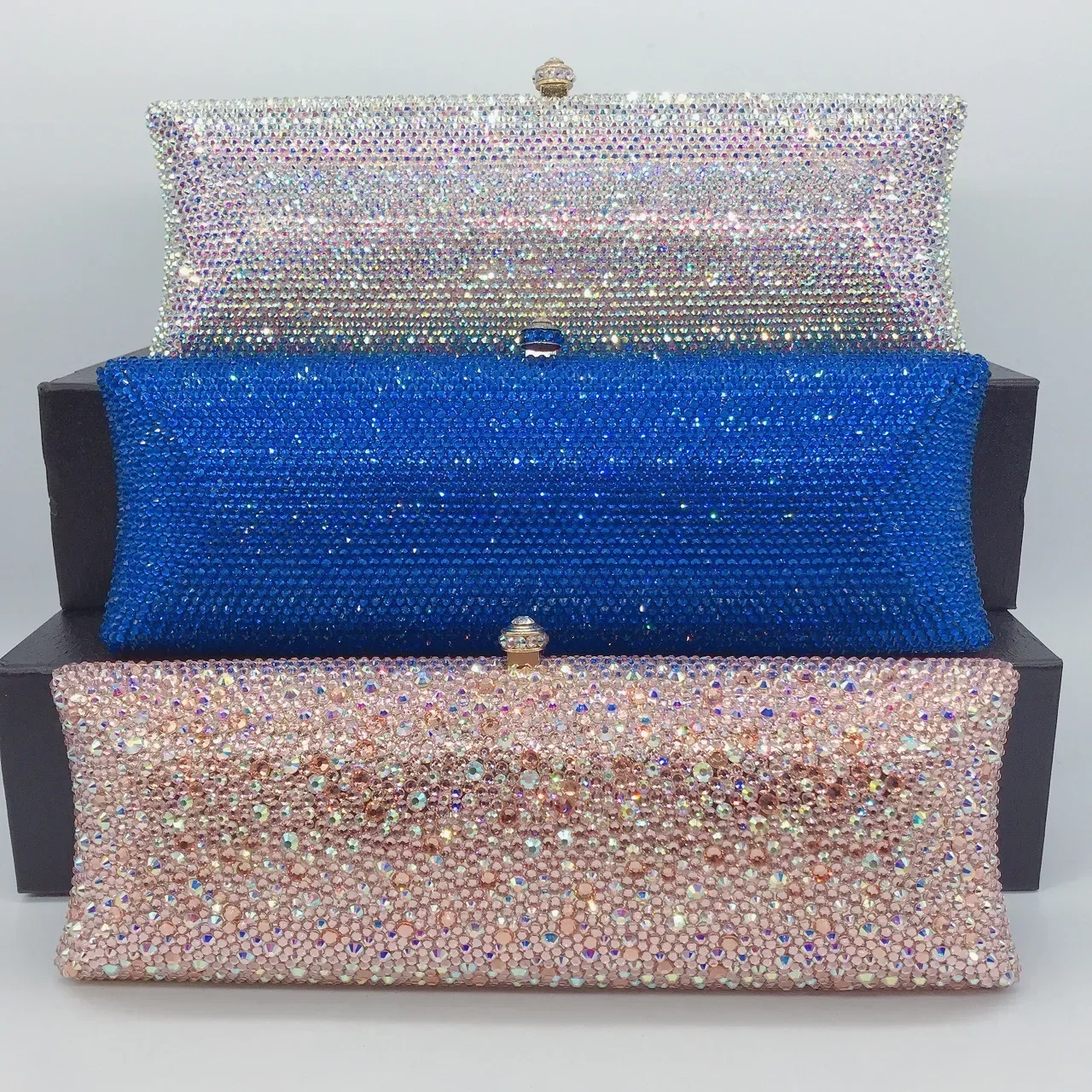 

Champagne/AB/Blue Rhinestone Diamond Female Clutch Purse Luxury Designer Women’s Full Crystal Evening Wedding Bridal Purses