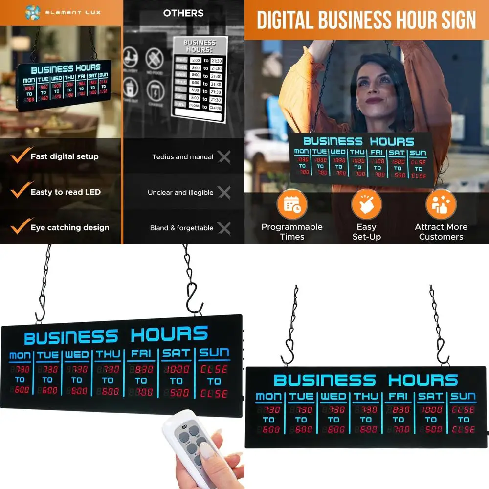 Programmable Business Hours Sign with Bright LEDs, Remote and Hanging Kit, 16 x 5.5, Blue