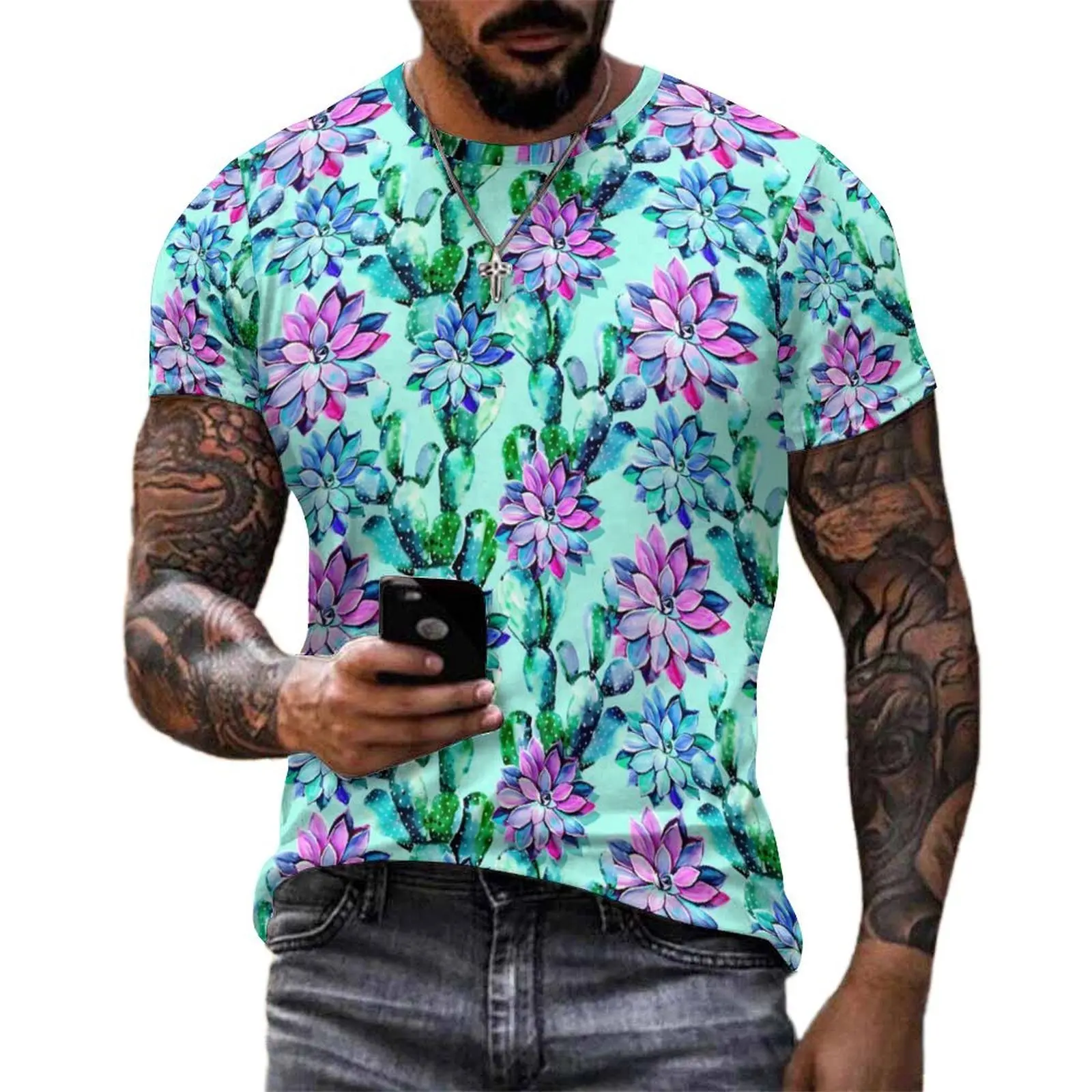 Modern Cactus T Shirt Cute Plants Print Popular T Shirts Man Kawaii Tshirt Summer Short Sleeve Pattern Clothes Plus Size