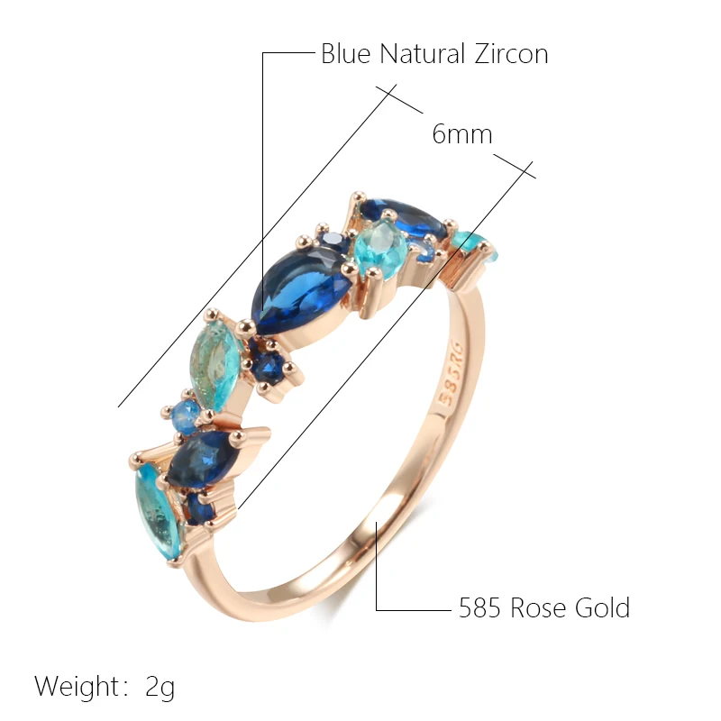 Kinel New 585 Rose Gold Color Ring For Women Luxury Blue Natural Zircon Leaf Ethnic Wedding Jewelry Daily Party Accessories