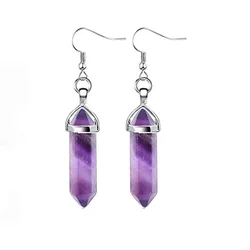 Natural Stone Earrings Amethyst Hexagonal Column Statement Drop Earrings for Women Crystal Heart Stone Jewelry Gift for Girls
