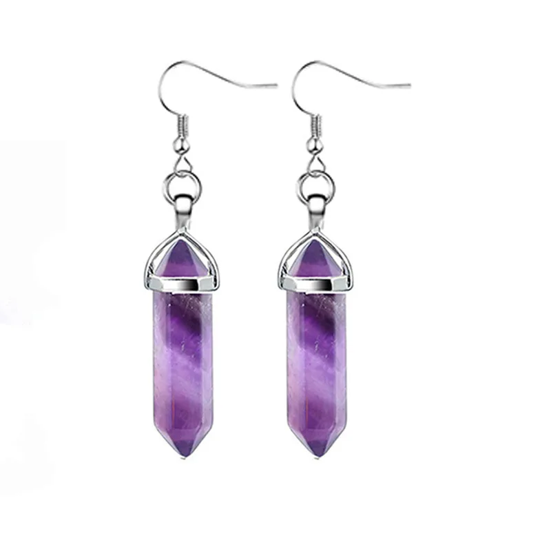 Natural Stone Earrings Amethyst Hexagonal Column Statement Drop Earrings for Women Crystal Heart Stone Jewelry Gift for Girls