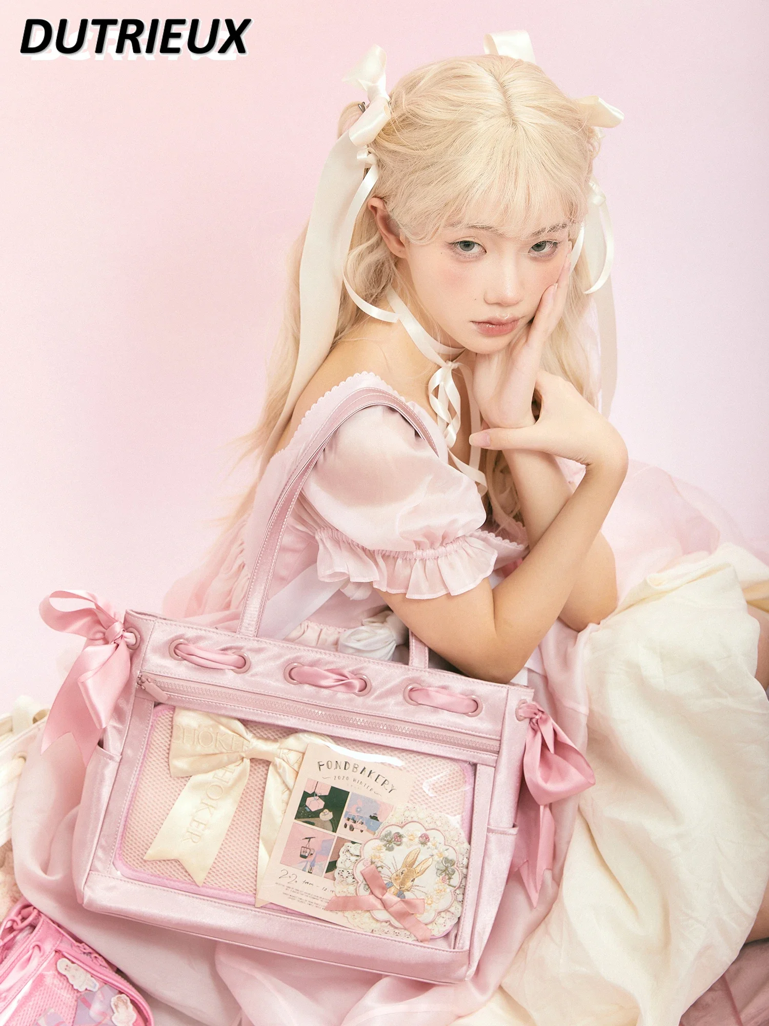 Girl Shoulder Bag Sweet Cute Ladies Handbag Pain Satin Tote Large Capacity Bag Bow Double-Sided Use Fashion Women's Handbags