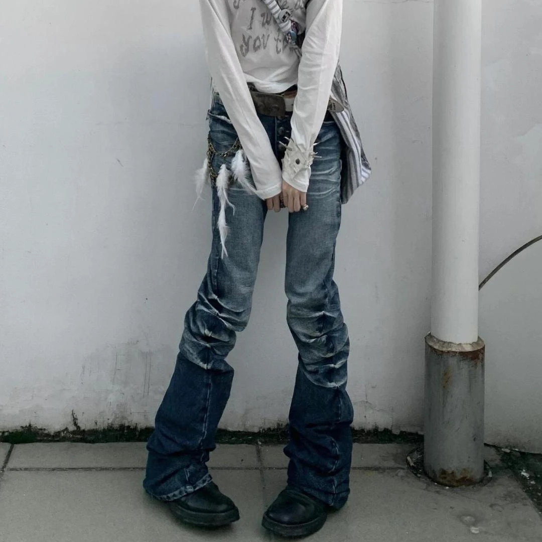 Grunge Y2K Ruched Flare Jeans Women Multi Button American Retro Mid Waist Slim Bootcut Indie Streetwear Plain Denim Trousers