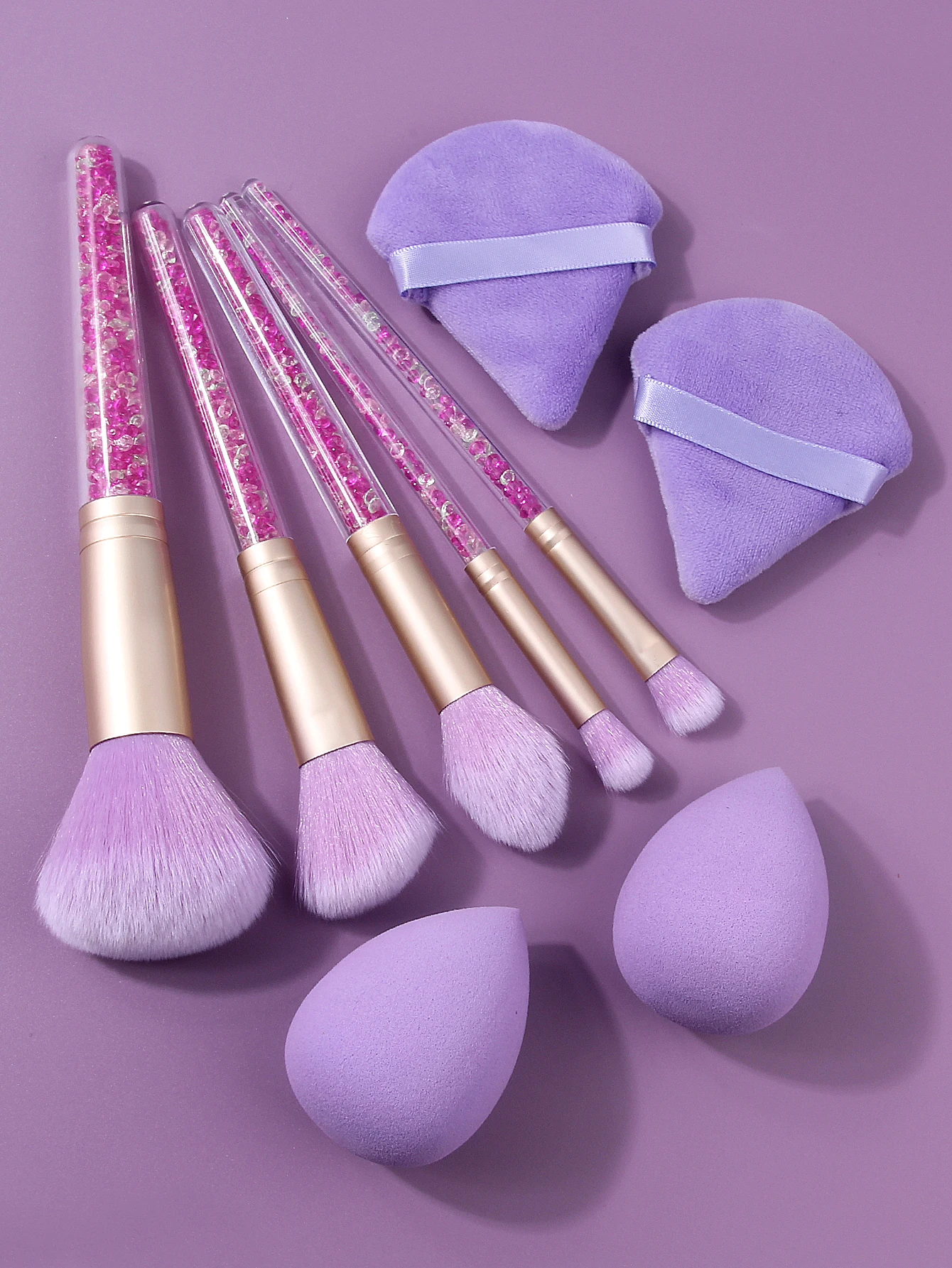 9PCS Purple Pink Glitter Makeup Brush Set w/ Sponges & Puffs - Soft Bristle Full Tools for Face Eyeshadow Blush