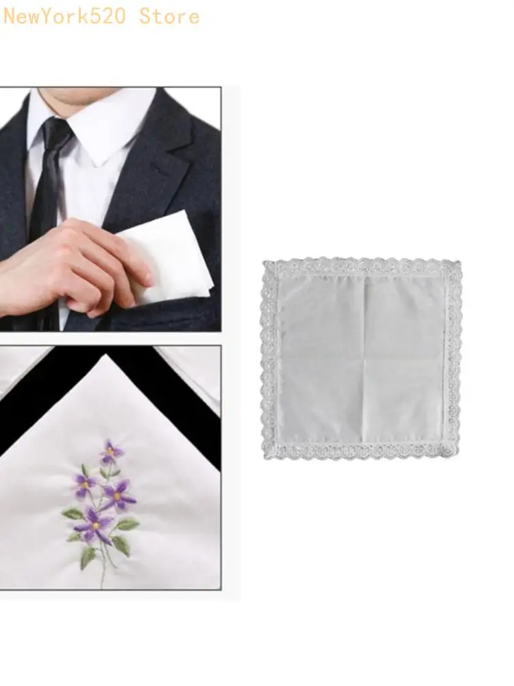 6Pcs White Cotton Handkerchiefs for Ladies with Lace and Floral Embroidery Pocket Hankies for Various N84C