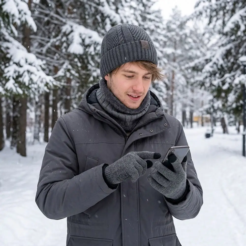 3Pcs/Set Warm Winter Hat Scarf Gloves Set Non Slip Lining Knit Beanie Snood Set Thicken Soft Scarf Neck Warmer Suit for Men