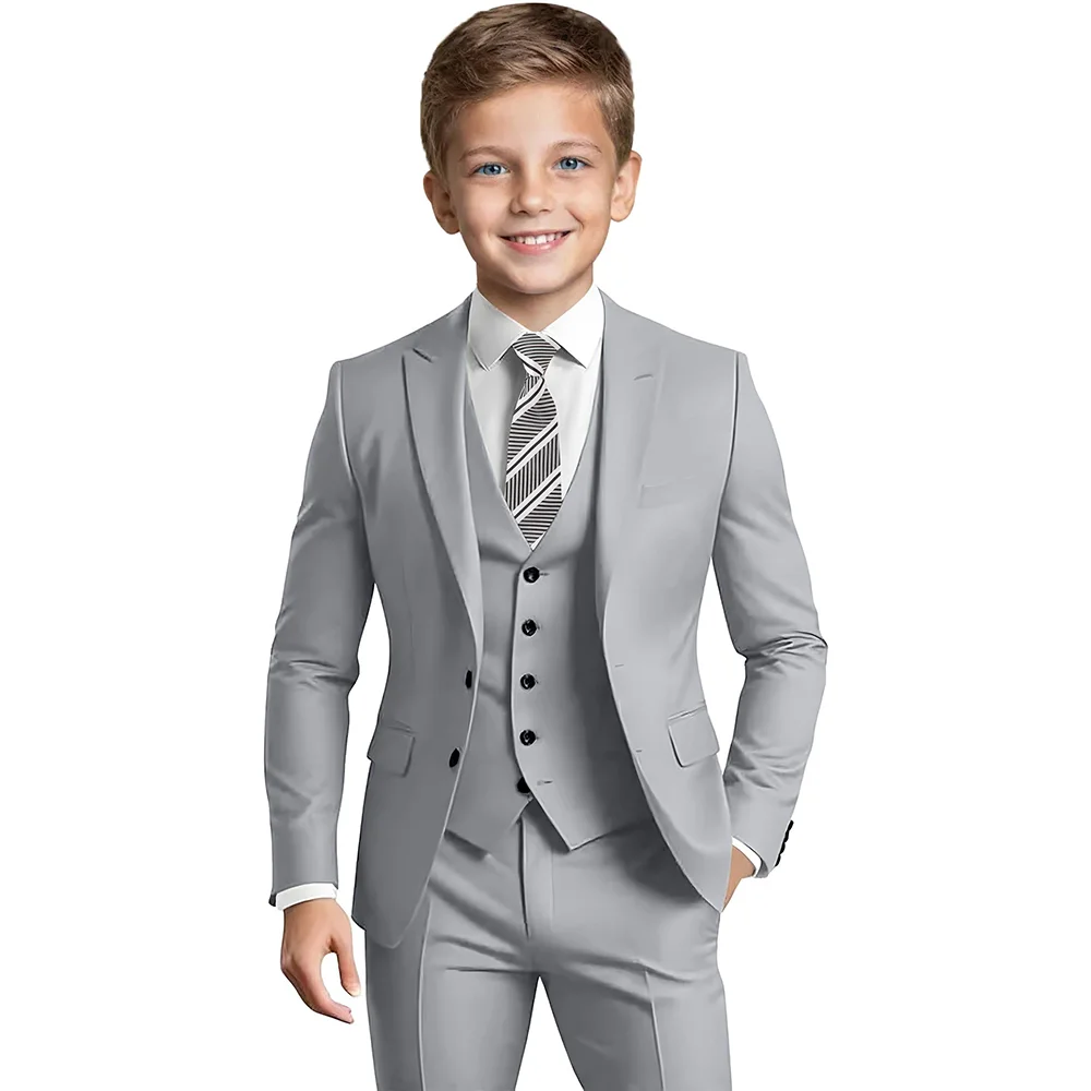 

Grey Single Breasted Notched Boys Suits 3 Pcs (Blazer+Vest+Pants) Fashion Boys Sets Formal Occasions Birthday Party Sets