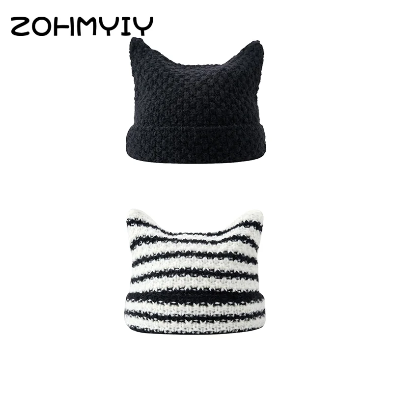 Cute Cat Ear Beanie Crochet Hats For Women Girl Knitted Y2K Striped Winter Warm Loose Fit Handmade HipHop Stylish Skullies Cap