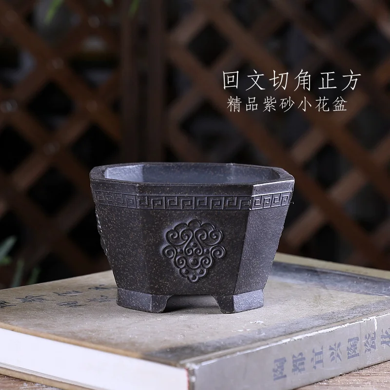 Ceramic Square Lion-Ring Bonsai Pot Vase,  Traditional Chinese Pattern, Cubicles, Desk, Garden, Home Table Decoration