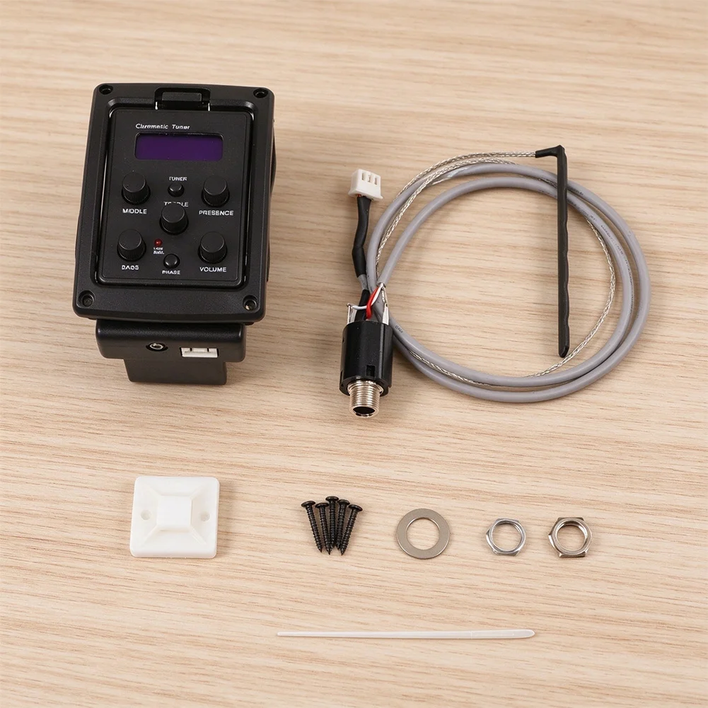 EQ4T Acoustic Guitar Preamp Pickup Equalizer with Four Band Controls and Built In Chromatic Tuner for Easy Use
