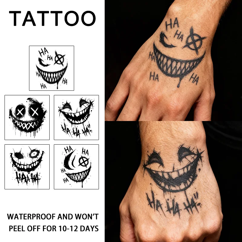 Horror Laughing Face Waterproof Temporary Tattoo Stickers, Long-lasting Waterproof for One to Two Weeks, Finger, Plam.