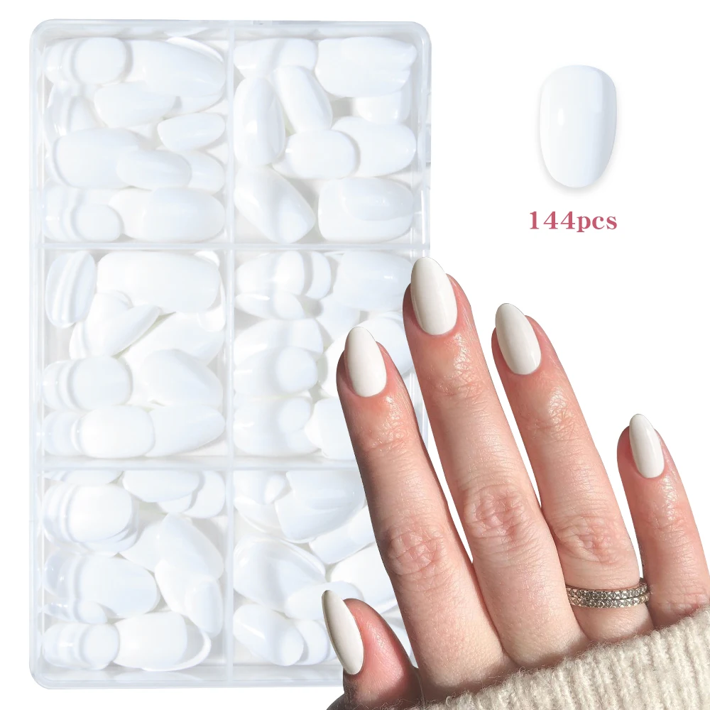 144 stuks korte ellipsnagels, eenvoudige en klassieke elegantie witte nagels, afneembare herbruikbare pers op acrylnagels geschikt voor altijd