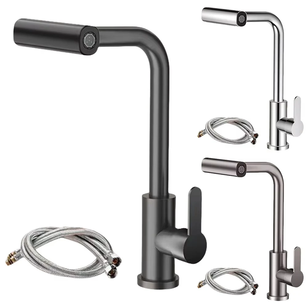 Silver Kitchen Faucet, Gray Rotating Waterfall Nozzle, Sink Mixer, Brushed Nickel Faucet Accessories, Four Functions