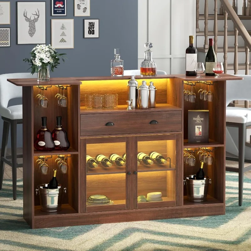 

Bar Table Cabinet with LED & Drawer,Mini Liquor Bar with 8-Tier Storage&Stemware Holder,Wine Alcohol Bar Stand with Glass