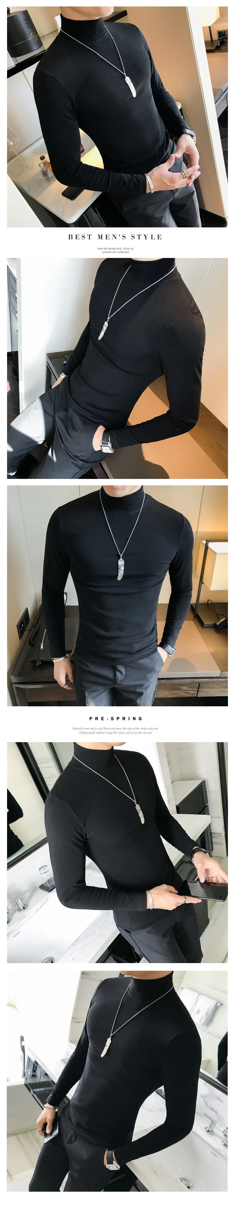 Frühling Neue männer Rollkragen T-shirt Langarm Slim Fit Einfarbig Hohe Elastische Bodenbildung Pullover Grundlegende Stil Männliche Tops – Detail 3
