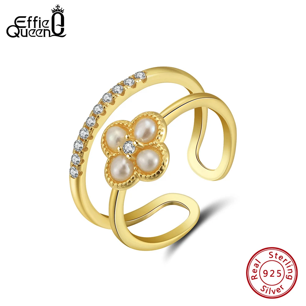 Effie Queen 14K Gold 2.5-3mm Natural Freashwater Oval Pearl 925 Sterling Silver Open Ring With AAA Cubic Zirconia Present GPR22