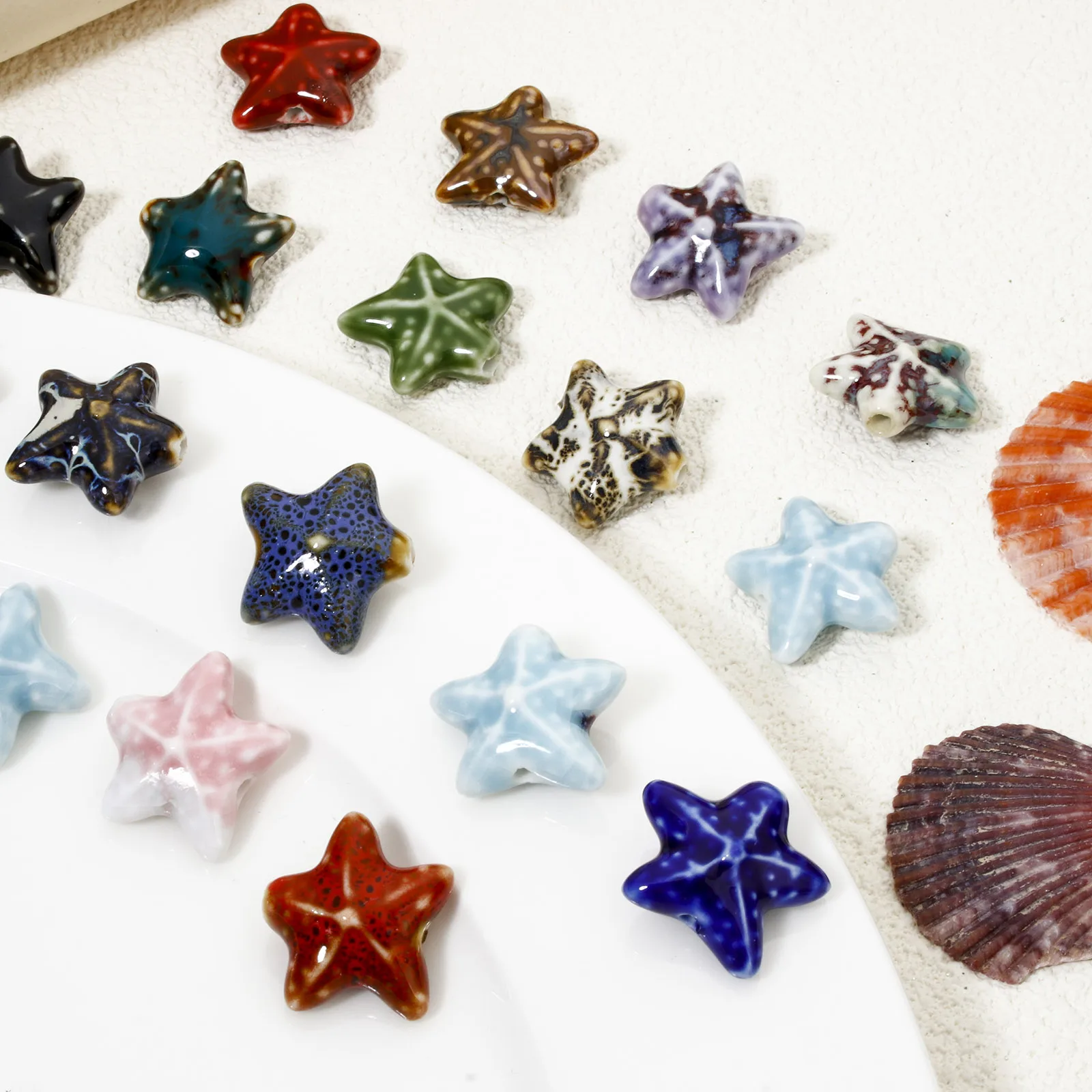 10 PCs Ceramic Starfish Ocean Jewelry Beads For DIY Jewelry Making Multicolor 3D Charms About 22mm x 19mm, Hole: Approx 2mm