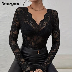 Sexy Black Lace T Shirts Woman Fashion Long Sleeve V Neck Women Tops Spring Autumn Long Sleeve T-shirts Tee