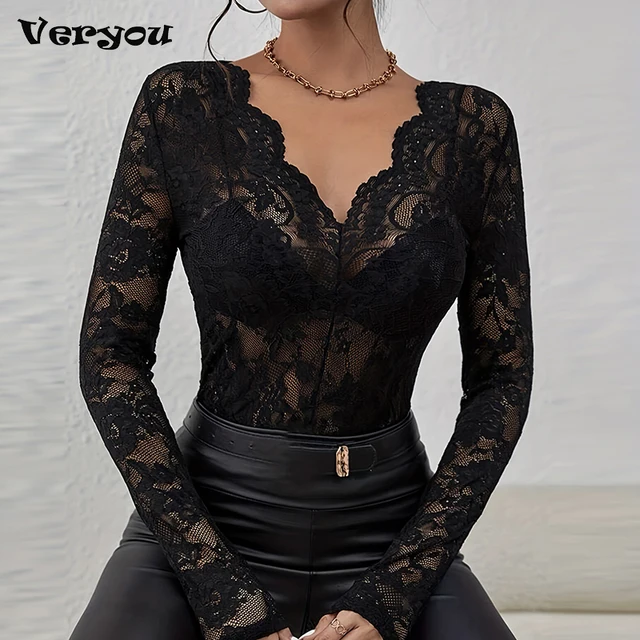 Seksowne czarne koronkowe koszulki damskie Moda z długim rękawem V Neck Topy damskie Wiosna Jesień Koszulki z długim rękawem Tee