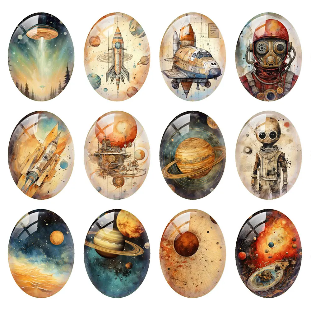 Random Mixed Round/Oval/Square Vintage Space Astronaut Alien Photo Glass Cabochon Flatback Demo Cameo For Diy Jewelry Making