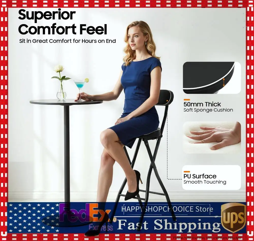 Set of 2 bar stools, foldable stools, padded folding stools, portable folding stools, black