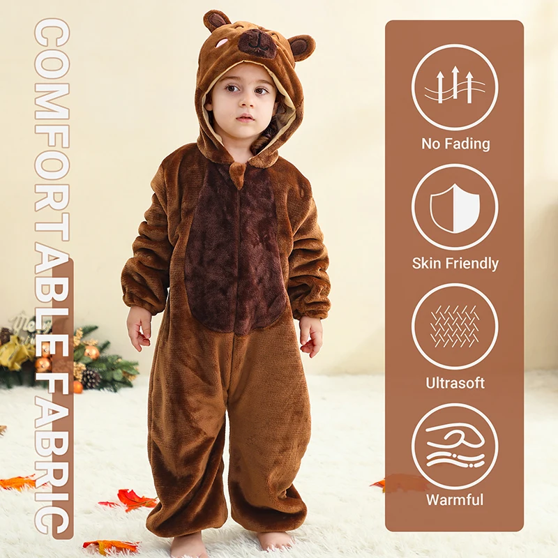 MICHLEY Karneval Löwen-Capybara Baby-Strampler Kleidung mit Kapuze Flanell Cosplay Kleinkind Pyjama Bodysuit Jumpsuit Kostüm für Jungen – Detail 1