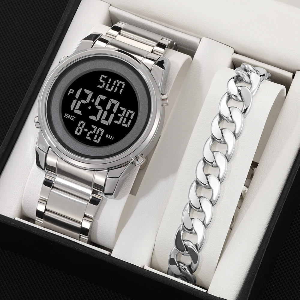 

Модные спортивные электронные цифровые мужские наручные часы из нержавеющей стали, светодиодные цифровые часы, браслет, водонепроницаемый обратный отсчет, будильник