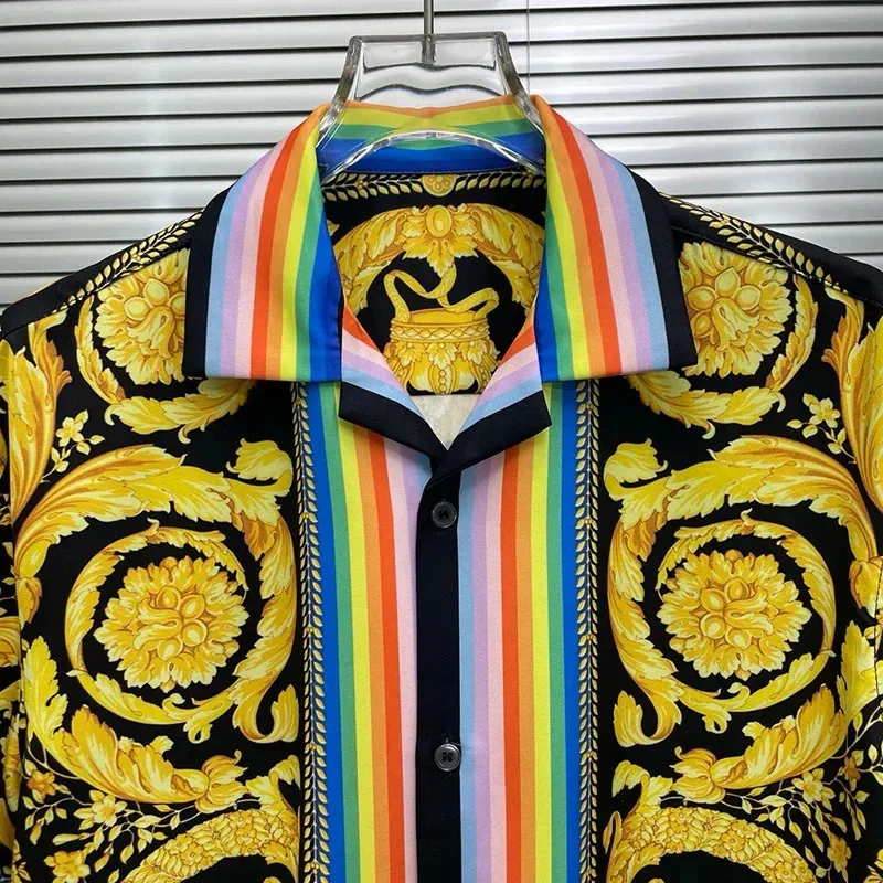 Men's High Quality Luxury Royal Short Sleeve Casual Summer Striped Side Floral Print Paisley Social Shirt Fast Shipping