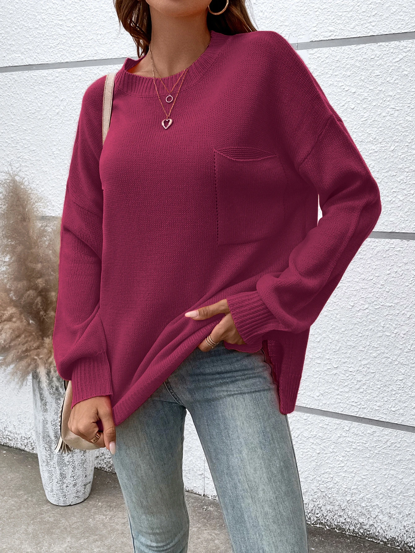 Round neck long sleeve solid color sweater loose lazy style high neck solid color loose pullover woman