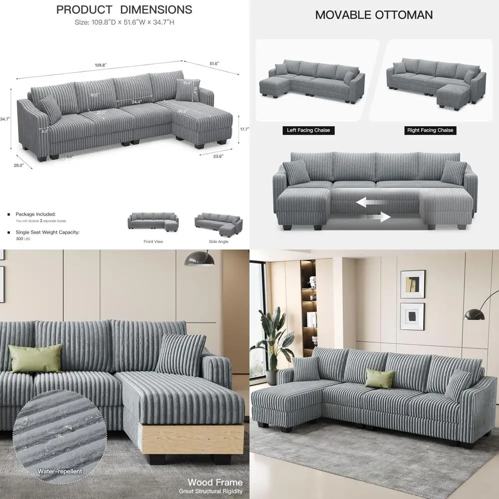 

Light Grey L-Shaped Sectional Sofa with Chaise and Ottoman for Living Room
