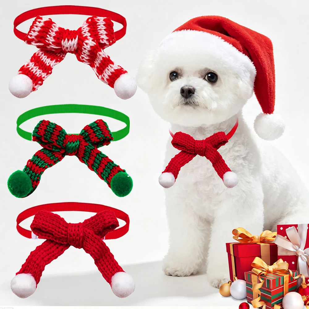 30/50PCS Adjustable Christmas Pet Bow Tie Knitted Xmas Pet Collar Dog Bowties Holiday Pet Neckwear Accessories for Small Dogs