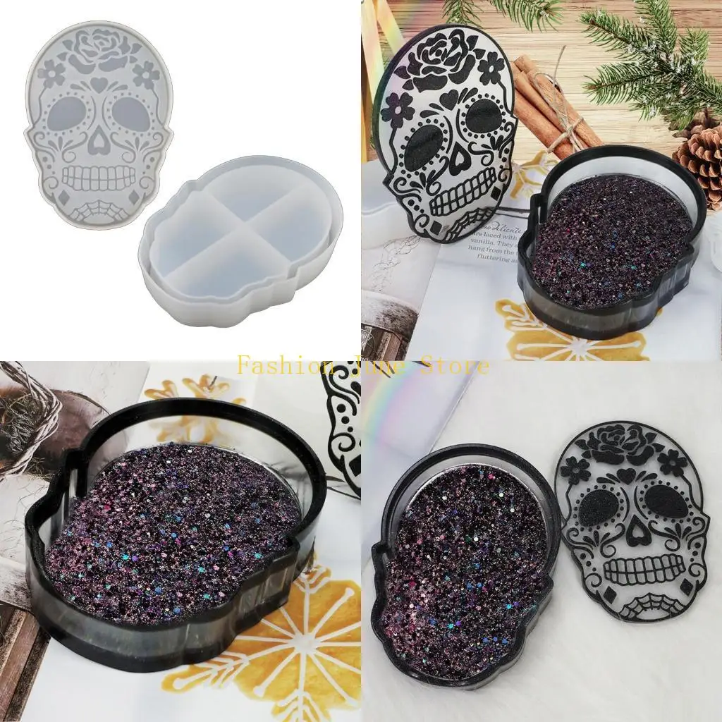 N5KA Epoxy Crystal Resin Silicone Mold 1 Set Halloween Skull Storage Box Mold for DIY Home Decoration Jewelry Storage