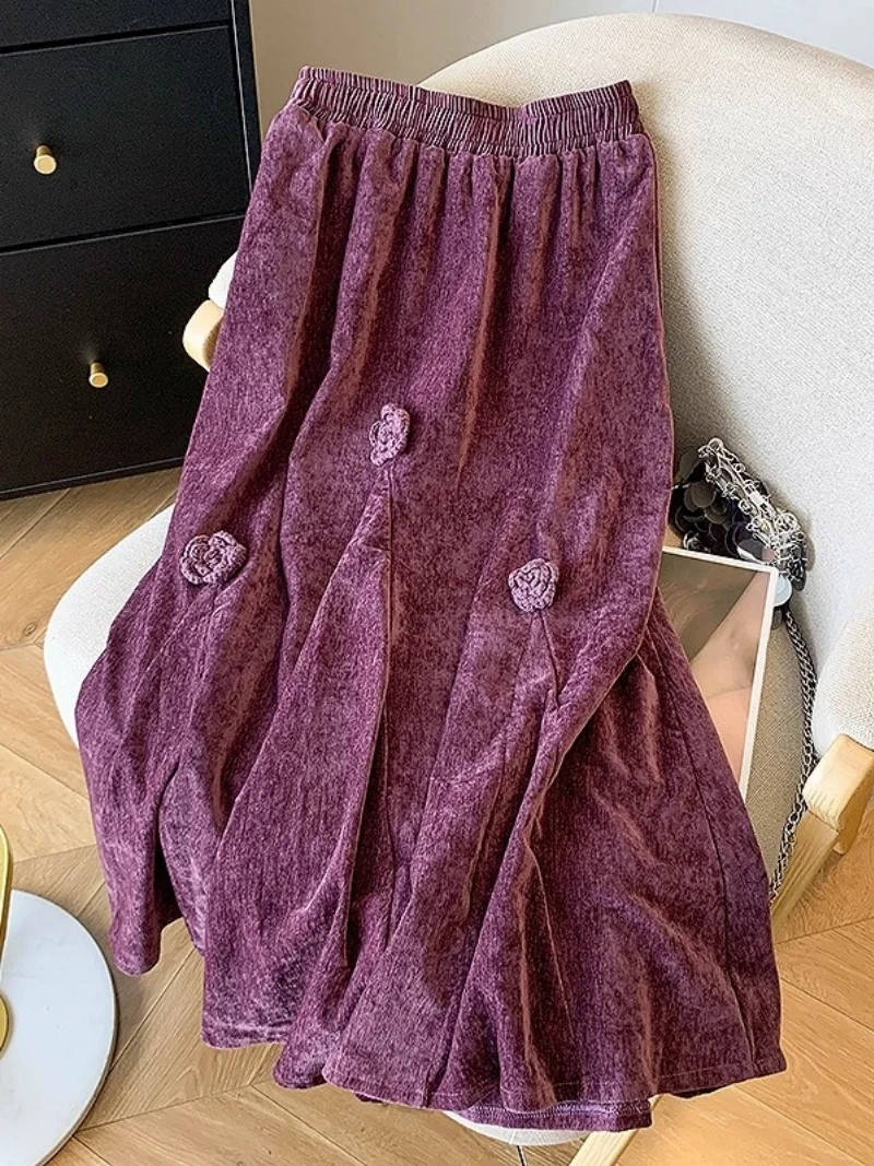 Three Dimensional Flower Purple Corduroy Skirt For Women Autumn High Waisted Versatile A-Line Velvet Umbrella Skirt Trendy W1355
