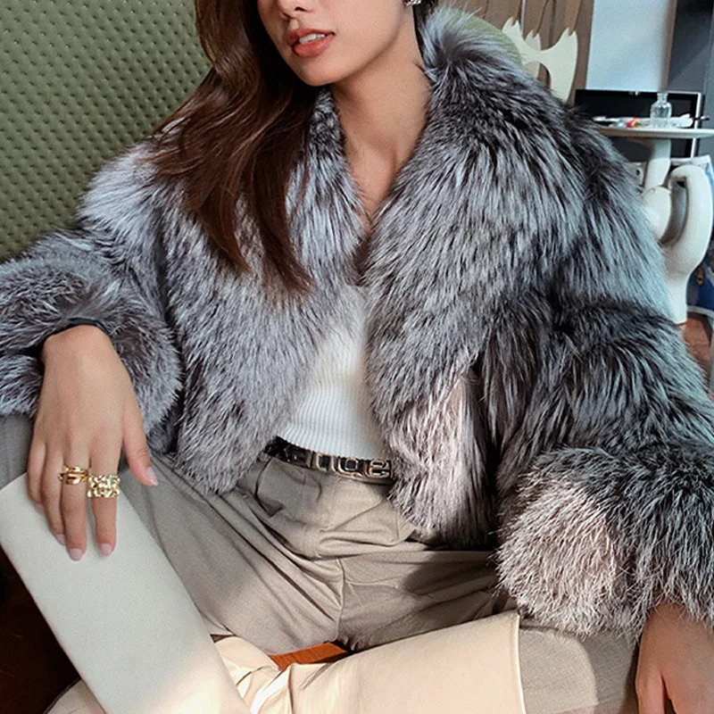 UMI MAO Ayajia Finlandia Argento Volpe Vera Pelliccia Cappotto Intero In Pelle Verde Frutta Collare Striscia Verticale Dimagrante Cappotto di Pelliccia Spessa