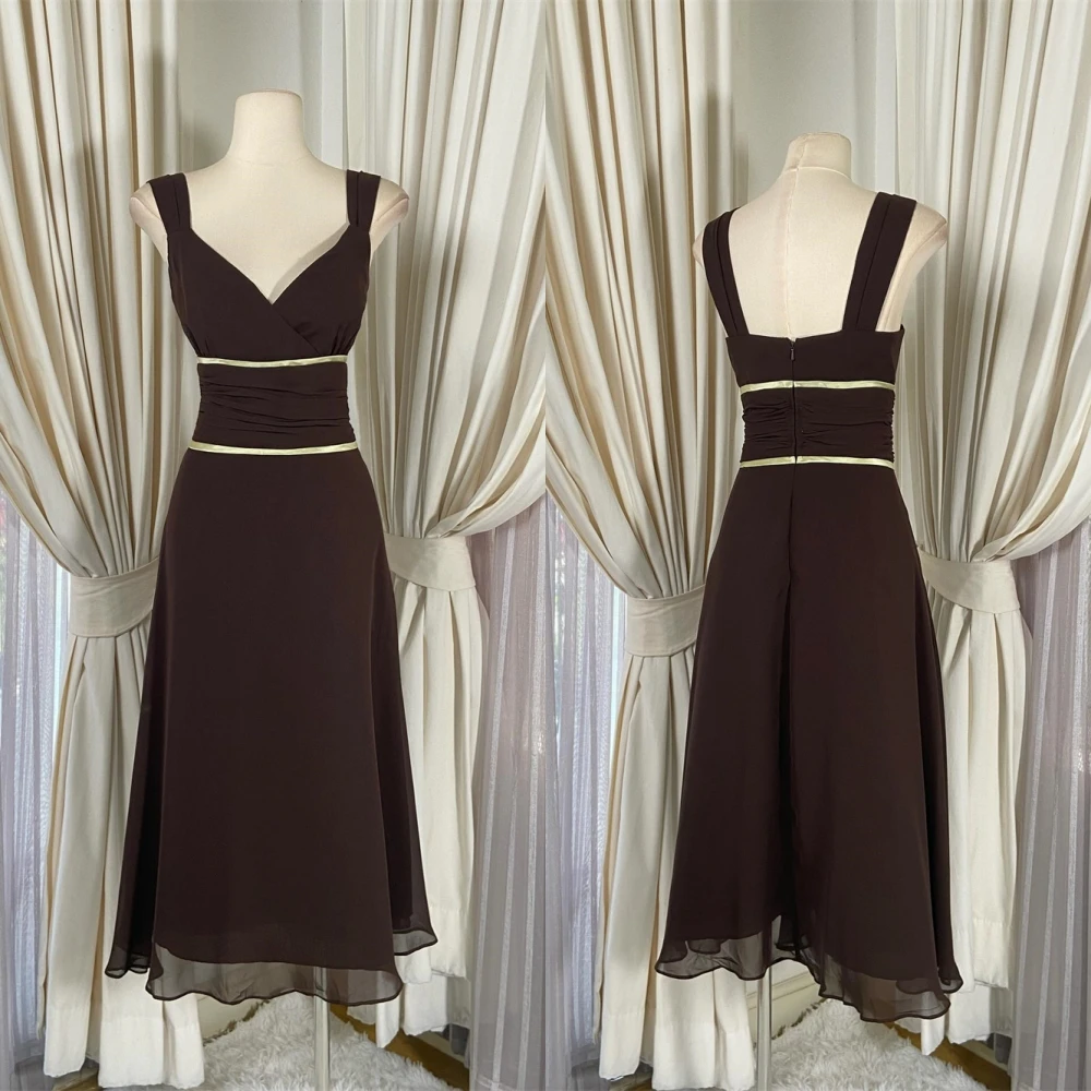

Customized Simple brownness Jersey Evening Dress Classic V-Neck Spaghetti Straps Cocktail Dress Delicate Zipper Back Party Dress