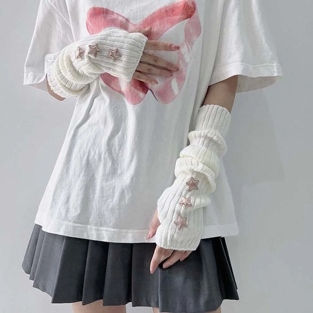 

Эластичные вязаные рукава без пальцев, длинные однотонные Y2K, чехол на руку со звездами, акриловые волокна, теплые длинные манжеты на половину ладони, осень