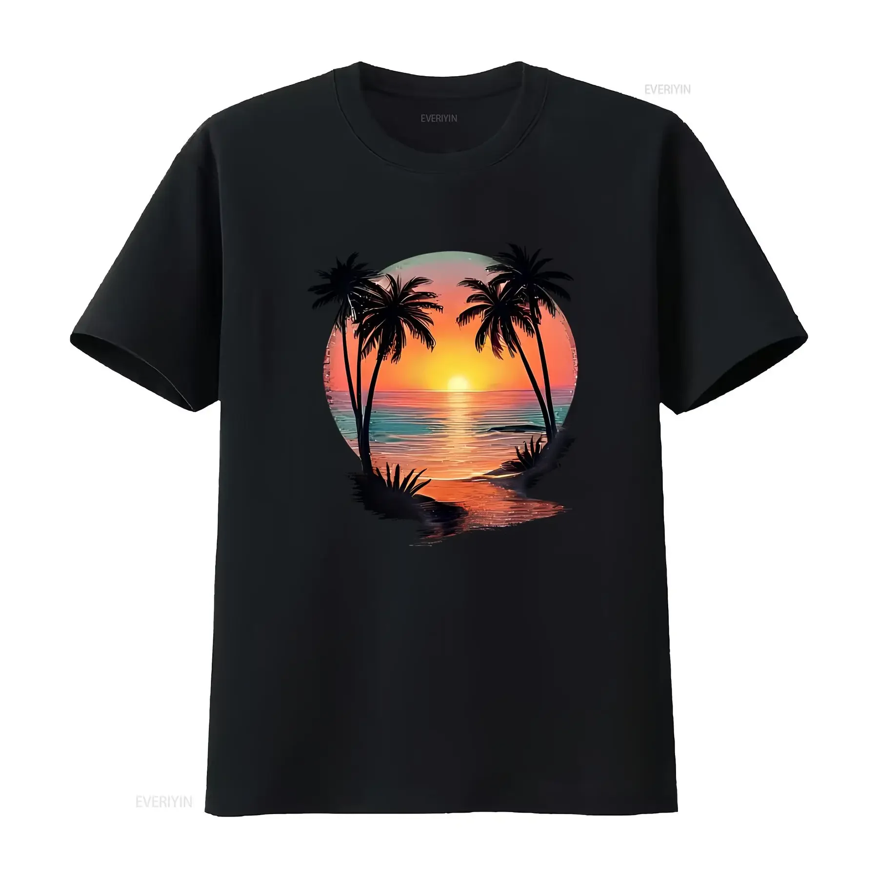 Vibrant Sunset Beach T Shirt with Silhouetted Trees Black for Relaxed Vibes vintage Washed Stretched Soft homme