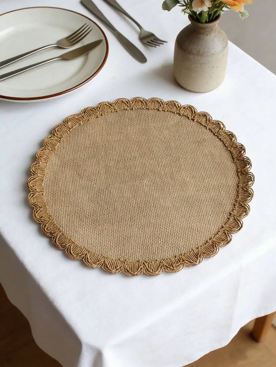 SGIAWETA-4pcs Round Linen & Burlap Placemats, Vintage Rustic Decor Round Tasseled Placemats, Pot Holders, Heat Resistant Kitchen & Dining Table Mats, Wedding Tablecloth, Home Decor, Suitable For Weddings, Parties, Family Gatherings-birthdaygift view 7
