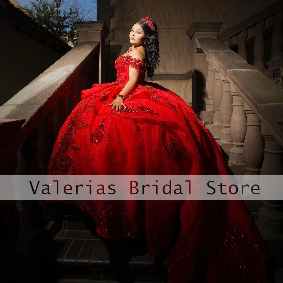 Vestido de quinceañera rojo brillante, vestidos de baile para dulces 16 niñas, apliques de hombros descubiertos, tul con cordones, vestidos de graduación de cumpleaños