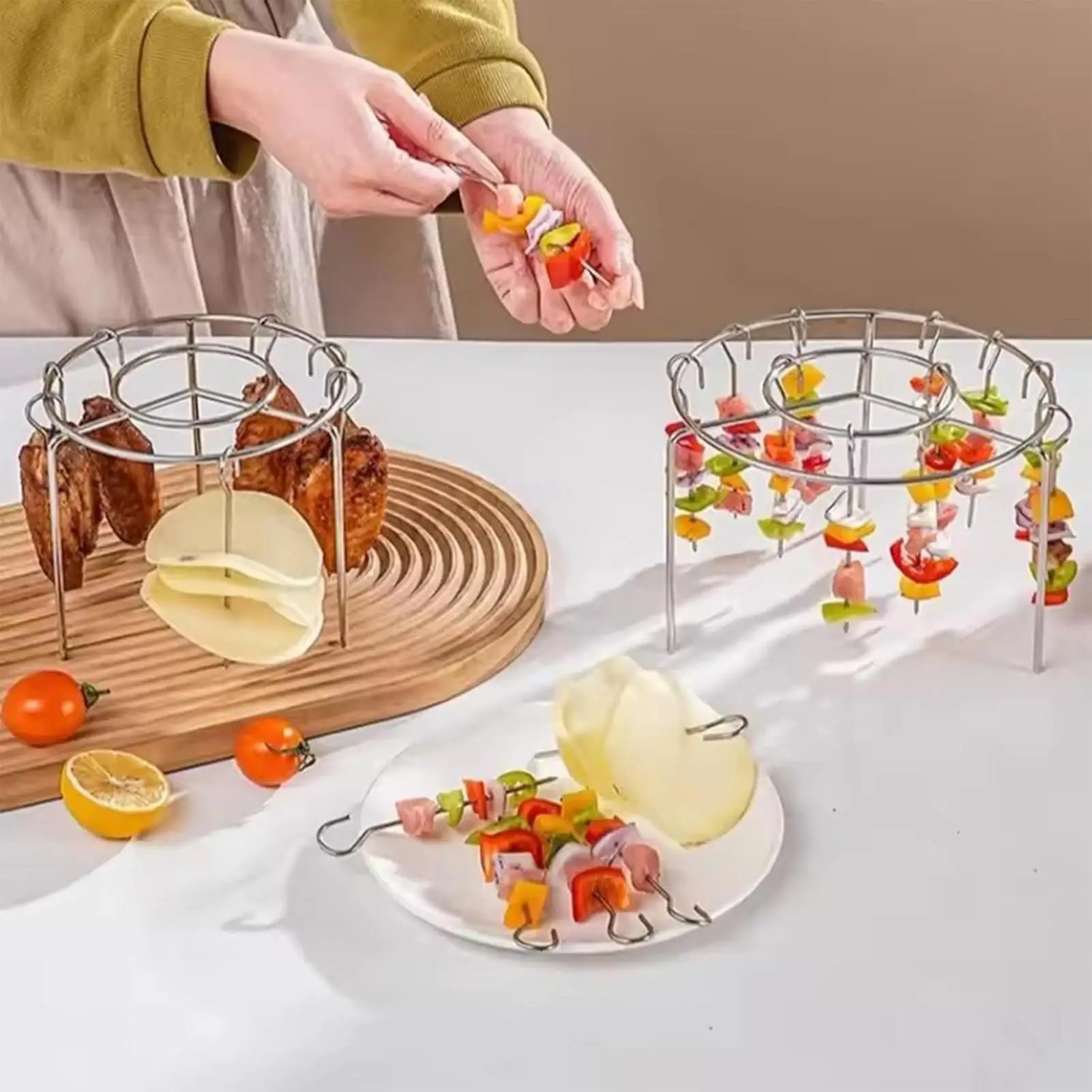 Air Fryer Grill Rack Stainless Steel Skewer Holder for Oven, Multi-Purpose BBQ Roasting Stand for Meat Vegetables, Home Kitchen