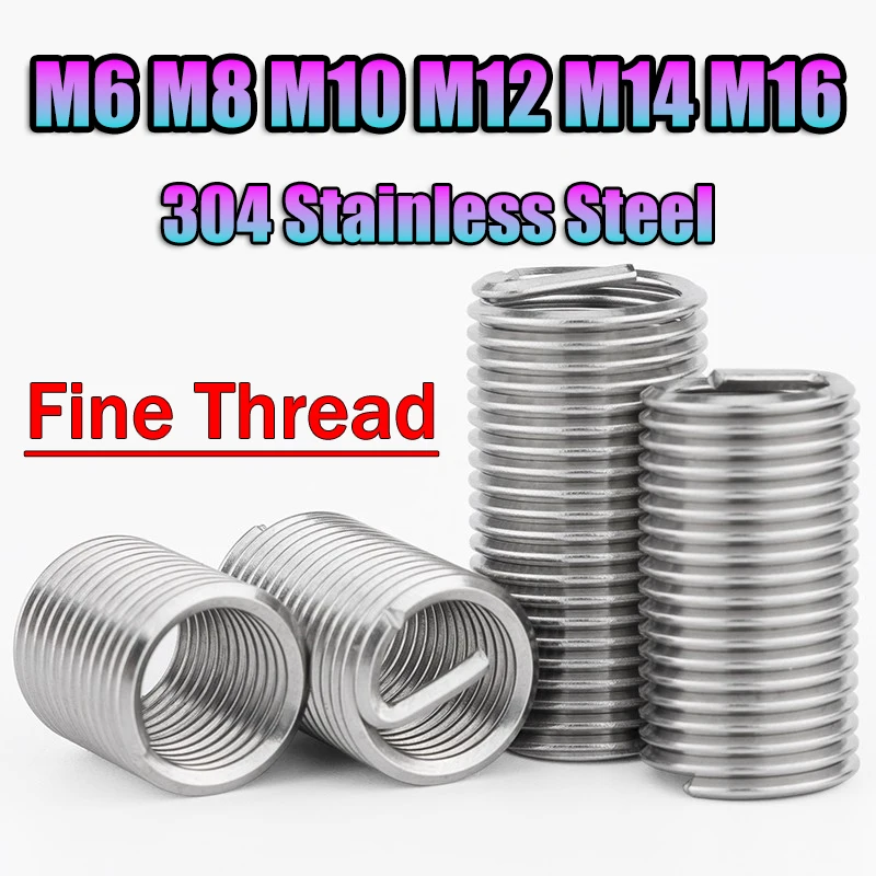 Fine Thread Wire Thread Insert M6 M8 M10-M16 304 Stainless Steel Helicoil Thread Repair Insert Coiled Wire Helical Screw Sleeve